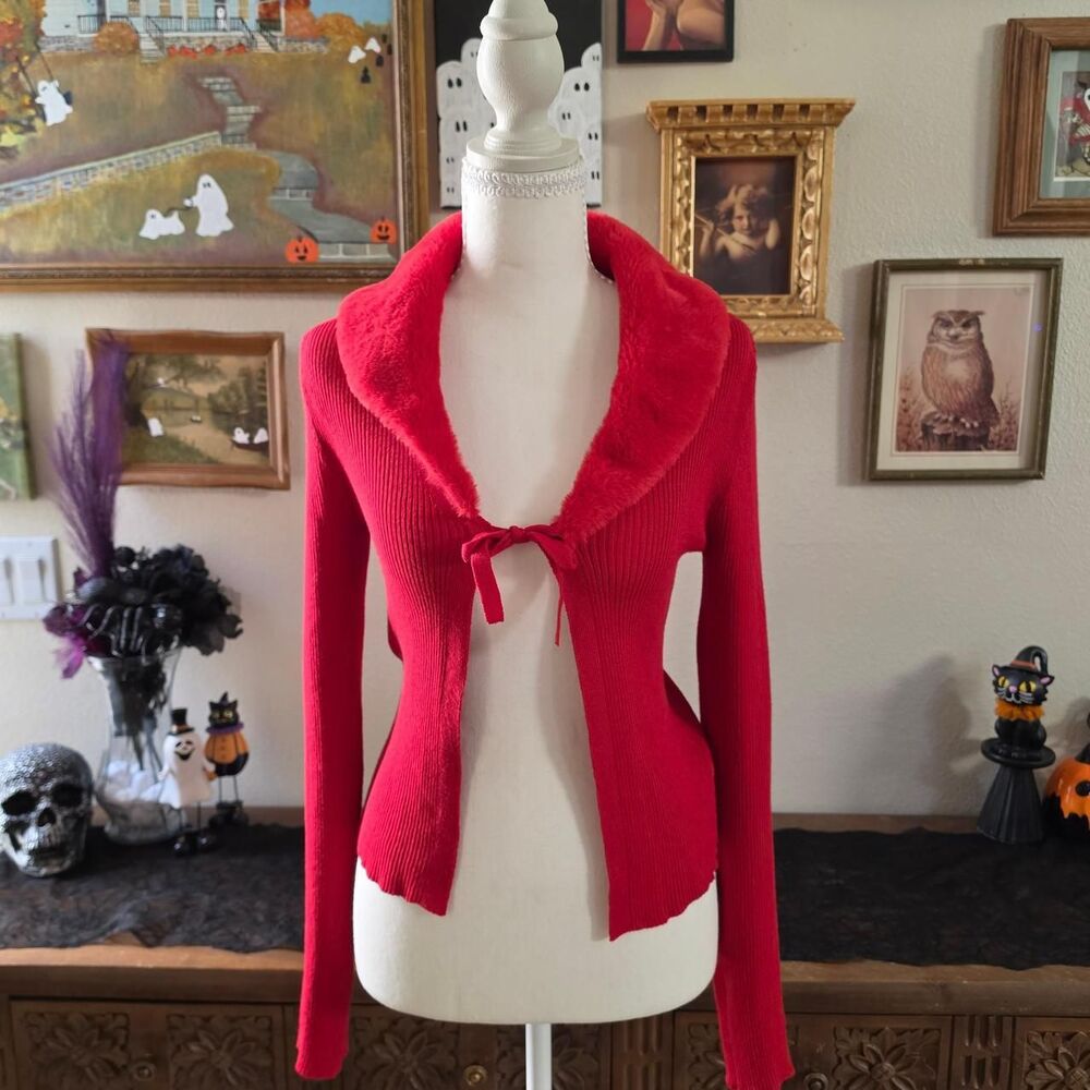 Y2k Removeable Faux Fur Red Cardigan